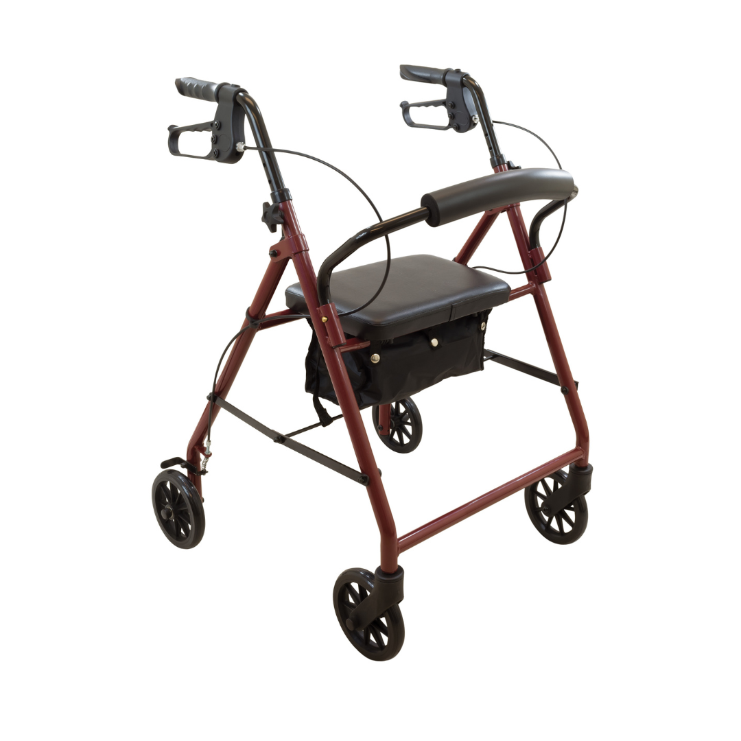 The ProBasics Lightweight Steel Portable KD Rollator, in red, features ergonomic hand brakes, a black padded seat, and an under-seat storage pouch, shown against a white background.